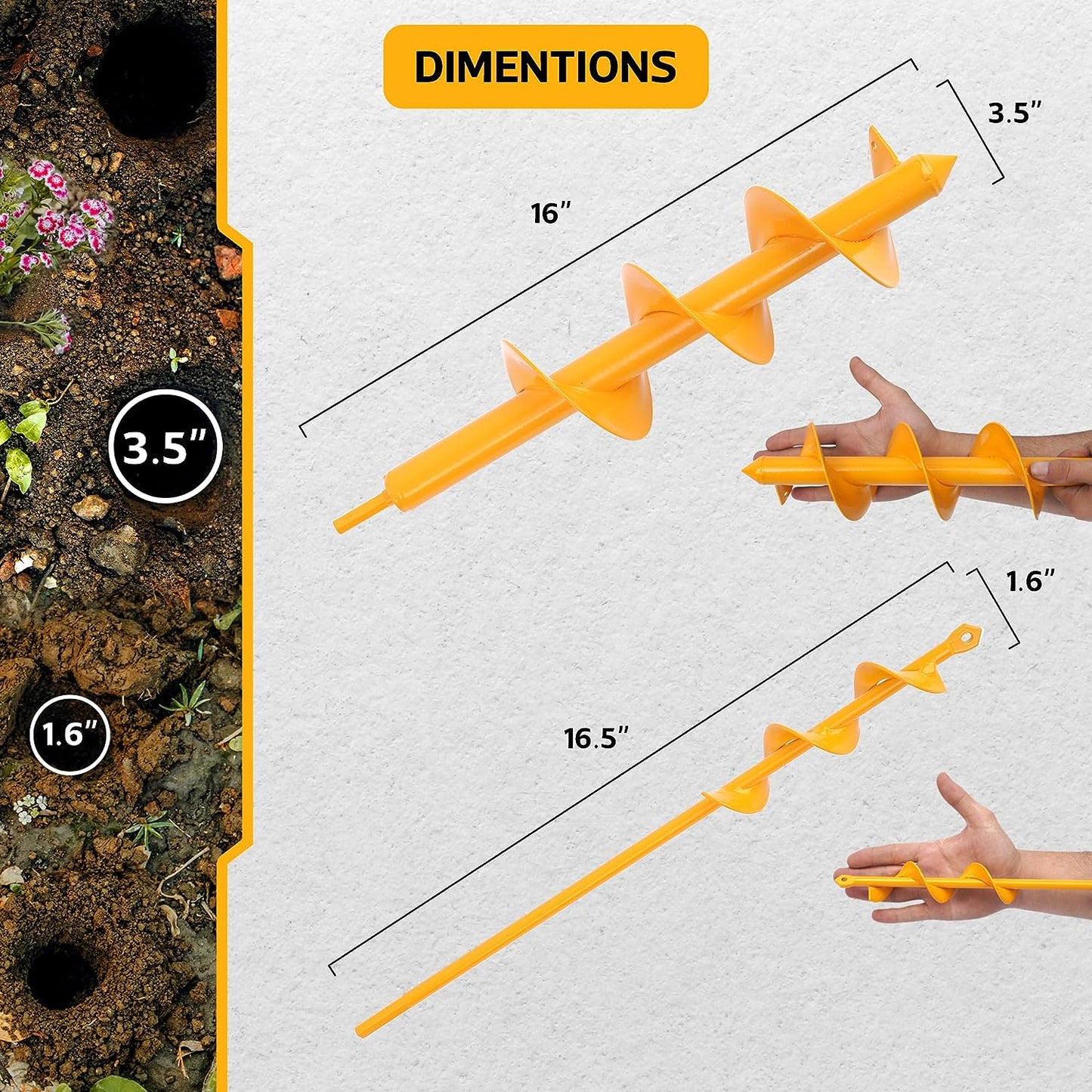 Garden Auger Drill Bit for Planting - Pack of (2) 1.6X16.5Inch & 3.5X16Inch - Post Hole Digger Drill Auger for Gardening Bulbs, Flowers, and Bedding Plant - Made to Fit in Any 3/8" Hex Drill